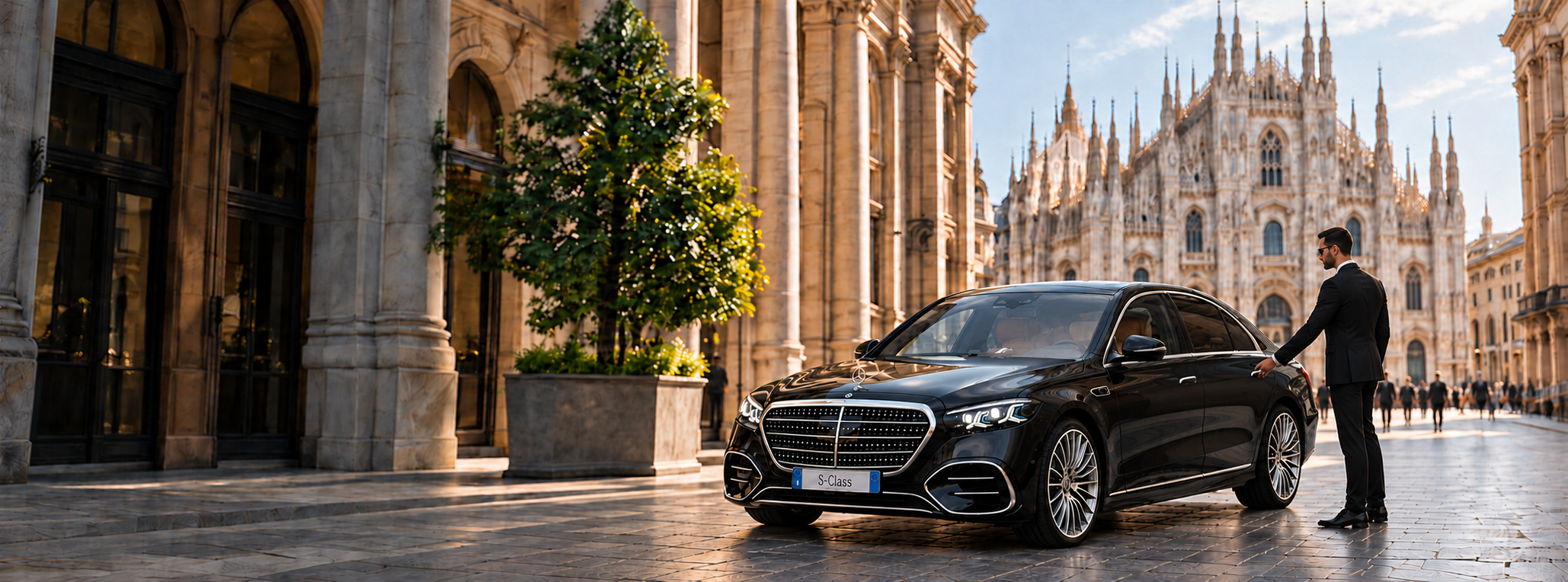 Mercedes-Benz and private chauffeur near Milan Cathedral