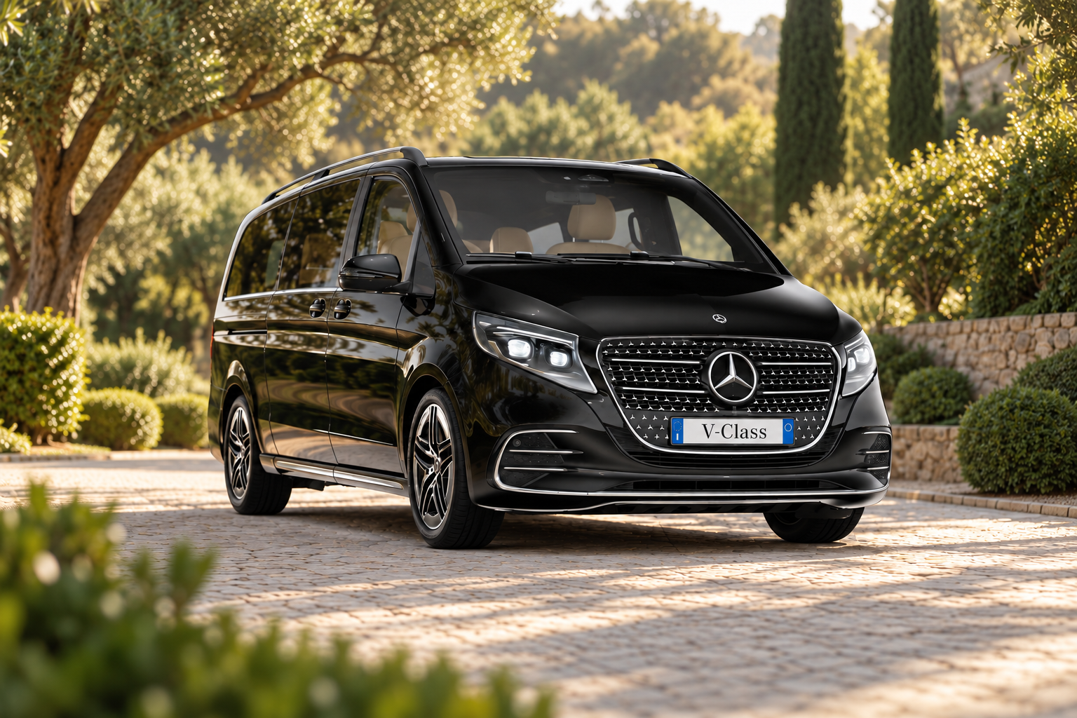 Current black Mercedes-Benz V-Class AMG Line in a modern urban setting