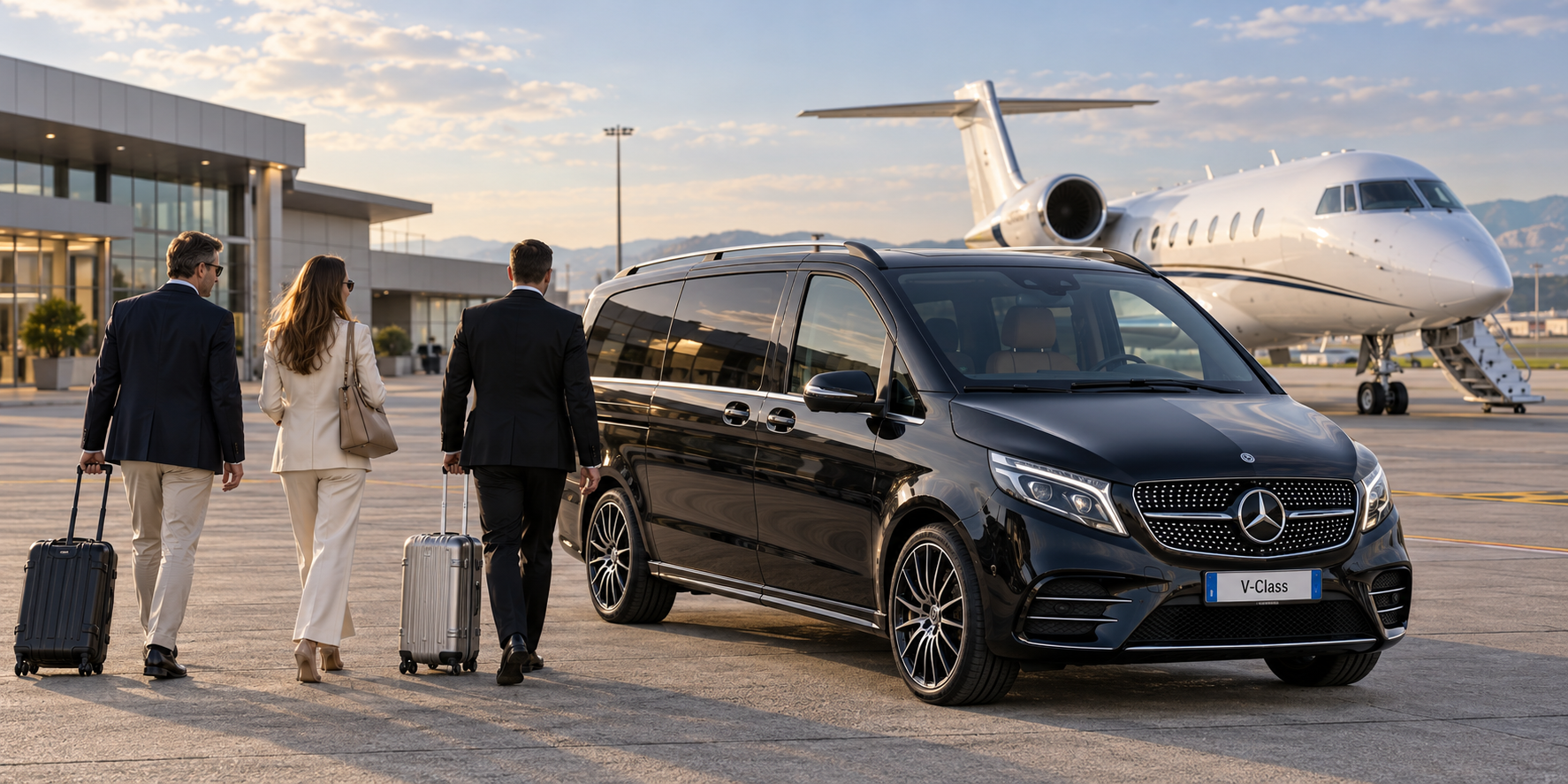 Mercedes-Benz V-Class and passengers at a private aviation terminal