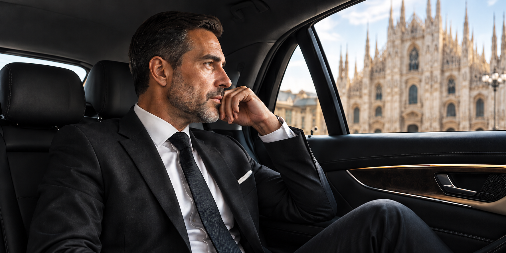 Business passenger travelling in a Mercedes in Milan
